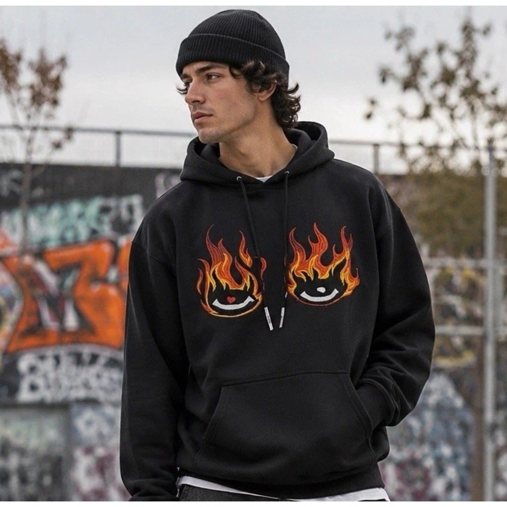 Civilized Men Black FIRE EYEZ HOODIE 3XL Skater Y2K Streetwear Embroidered